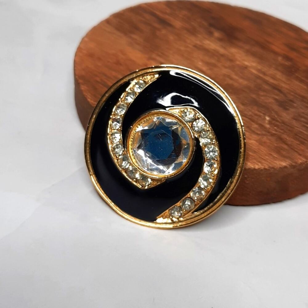 Round Black Enameled Brooch Clear Crystal Embellished